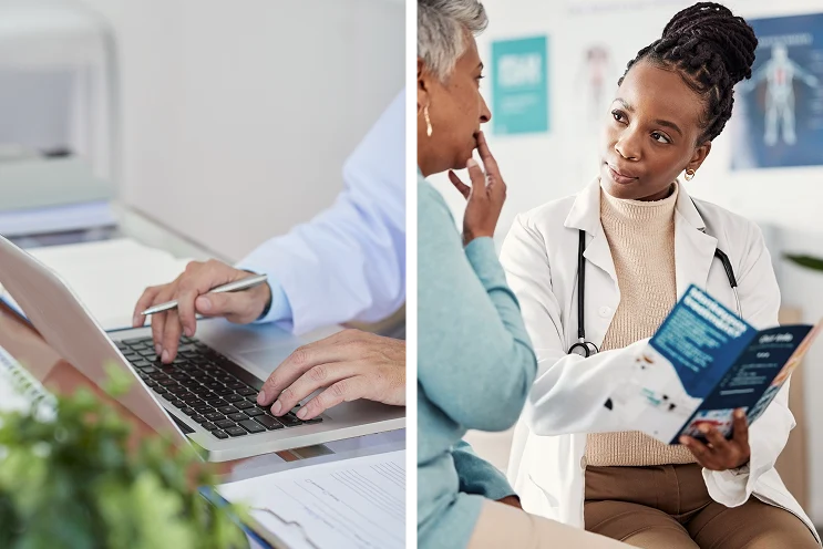 Healthcare professional using a laptop and showing medical information to an elderly woman.