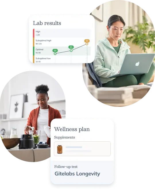 Composite image showing a person reviewing lab results on a laptop, a wellness plan interface, and a person preparing a healthy drink.