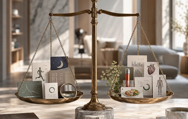 Brass balance scale holding health and lifestyle cards showing exercise, sleep, nutrition, and medical charts on each side