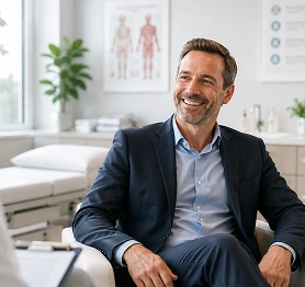 Smiling middle-aged man in a suit sitting in a chair in a medical office with an anatomical poster on the wall