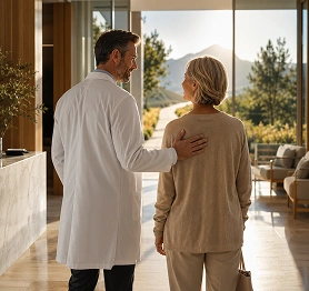 Doctor in a white coat walking a female patient toward the exit of a modern clinic with mountain views through large windows