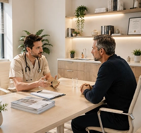 Doctor with a stethoscope talking with a male patient across a table during a consultation in a modern clinic office