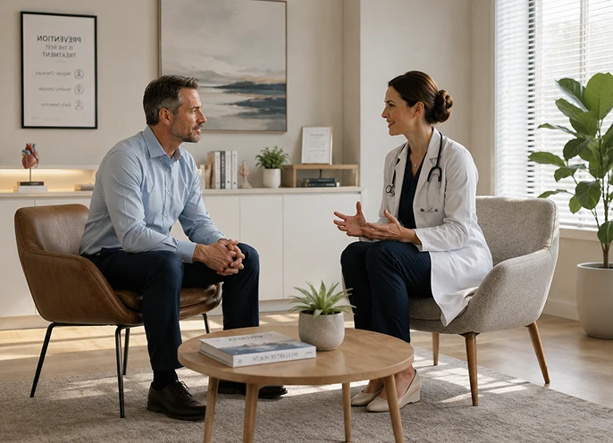 Female doctor in a white coat talking with a male patient as they sit in armchairs during a consultation in a modern office
